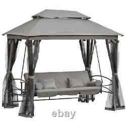 Chaise hamac de jardin avec balançoire, lit inclinable, coussin et auvent pour 3 personnes, siège banc gris.