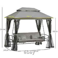 Chaise hamac de jardin avec balançoire, lit inclinable, coussin et auvent pour 3 personnes, siège banc gris.