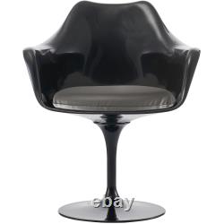 Chaise pivotante à accoudoirs en plastique noir pour salle à manger ou accent, avec coussins de différentes couleurs.