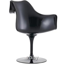 Chaise pivotante noire en plastique avec accoudoir et coussins de différentes couleurs.