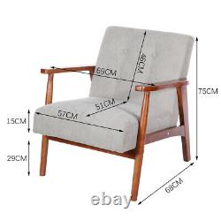 Chaise simple rétro avec cadre en bois massif, fauteuil avec coussin gris et canapé rembourré à 1 place.