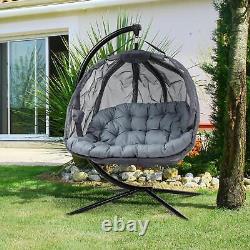 Chaise suspendue double en forme d'œuf gris avec coussin et balançoire pliante hamac pour une utilisation intérieure ou extérieure.