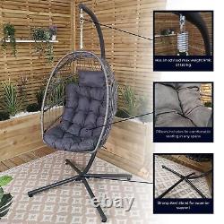 Chaise suspendue en forme d'œuf grise avec support, housse imperméable et coussins