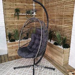 Chaise suspendue en forme d'œuf grise avec support, housse imperméable et coussins