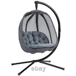 Chaise suspendue pliante avec coussin et support gris.