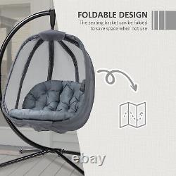 Chaise suspendue pliante avec coussin et support gris.