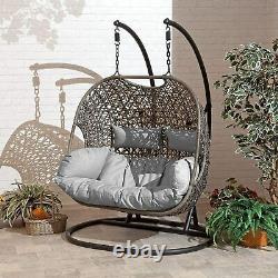 Double Cocoon Chair Swing Wicker Rattan Hanging Garden Furniture Grey Cushion