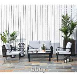 Ensemble de canapé de jardin 4 personnes avec coussins d'extérieur, chaise longue et coussin de siège gris/noir