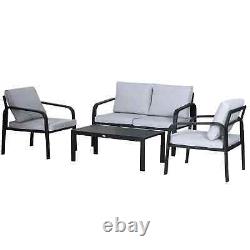 Ensemble de canapé de jardin 4 personnes avec coussins d'extérieur, chaise longue et coussin de siège gris/noir