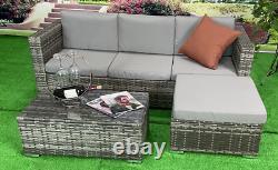 Ensemble de canapé de jardin en rotin gris, fauteuil, chaise, causeuse, terrasse, jardin, coin en forme de L.