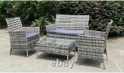 Ensemble de meubles de jardin en rotin gris avec coussin, table basse, chaise, canapé, patio extérieur.