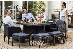 Ensemble de salle à manger extérieure Keter Columbia Gris comprenant une table, 8 chaises et des coussins pour patio et jardin.