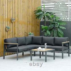Ensemble de salon extérieur pour jardin, patio, canapé d'angle en forme de L avec coussins, chaise, table à thé gris.