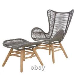 Ensemble fauteuil de salon et repose-pieds en corde naturelle grise avec pieds en bois clair