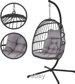 Extérieur Jardin Rattan Egg Chair Patio Seat Hanging Folding Hammock Grey Cushion