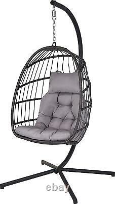 Extérieur Jardin Rattan Egg Chair Patio Seat Hanging Folding Hammock Grey Cushion