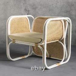 Fauteuil Bermuda en rotin blanc, chaise courbée cadre en rotin bohémien avec coussin gris