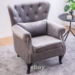 Fauteuil Chesterfield en velours/tissu avec boutons, fauteuil à dossier d'aile, siège de canapé Queen Anne