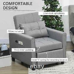 Fauteuil simple convertible avec dossier inclinable, coussin de salon, oreiller et assise gris.