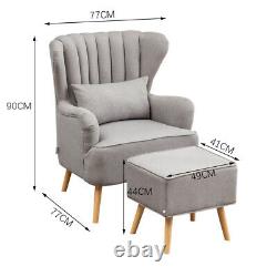 Grey Linen Fabric Armchair Shell Back Reading Sofa Cushioned Chairs With Footstool