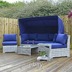 Jardin Day Bed Grey Rattan Canapé 3 Seater 2 Chaises Table Sun Shade Meubles