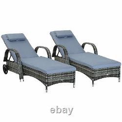 Outsunny 2pc Chaise Inclinable Wicker Rattan Sun Lounge Avec Coussin Gris