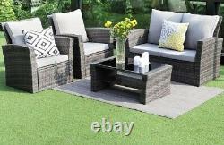 Rotin, Ensemble de meubles de jardin 4 chaises table basse coussins ensemble extérieur patio 7