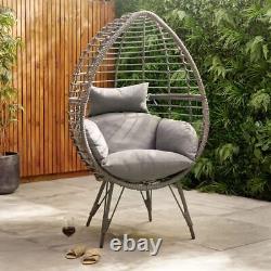 Siège de jardin avec coussin pour patio extérieur, gris Tavira, en rotin PE, chaise en forme d'œuf sur pied.