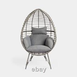 Siège de jardin avec coussin pour patio extérieur, gris Tavira, en rotin PE, chaise en forme d'œuf sur pied.
